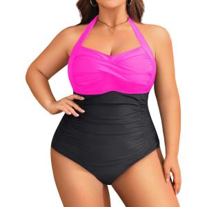 imageYonique Plus Size Bathing Suit for Women One Piece Swimsuit Tummy Control Halter Tops for Women SwimwearHot Pink and Black