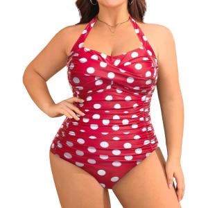 imageYonique Plus Size Bathing Suit for Women One Piece Swimsuit Tummy Control Halter Tops for Women SwimwearRed Dot