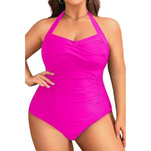 imageYonique Plus Size Bathing Suit for Women One Piece Swimsuit Tummy Control Halter Tops for Women SwimwearRose Pink