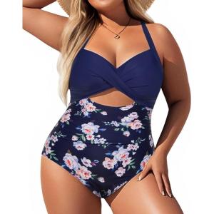 imageYonique Plus Size One Piece Swimsuit for Women Tummy Control Bathing Suit Cutout SwimwearBlue Flower