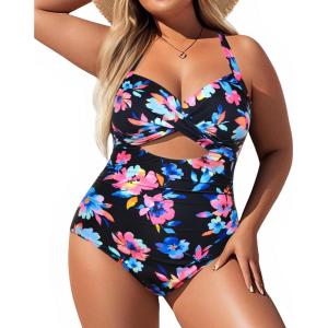 imageYonique Plus Size One Piece Swimsuit for Women Tummy Control Bathing Suit Cutout SwimwearColorful Floral