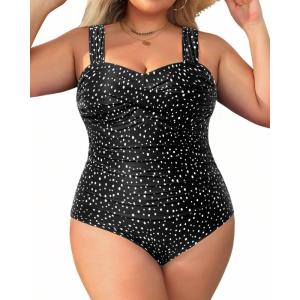 imageYonique Plus Size One Piece Swimsuit for Women Tummy Control Bathing Suit Ruched SwimwearBlack Dot