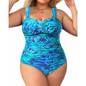 imageYonique Plus Size One Piece Swimsuit for Women Tummy Control Bathing Suit Ruched SwimwearGreen Leaves and Blue