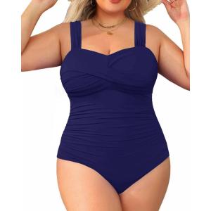 imageYonique Plus Size One Piece Swimsuit for Women Tummy Control Bathing Suit Ruched SwimwearNavy Blue