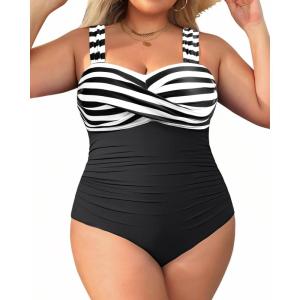imageYonique Plus Size One Piece Swimsuit for Women Tummy Control Bathing Suit Ruched SwimwearStripe and Black
