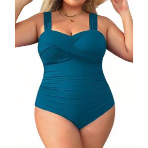 imageYonique Plus Size One Piece Swimsuit for Women Tummy Control Bathing Suit Ruched SwimwearTeal