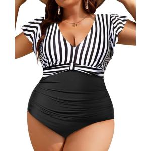 imageYonique Plus Size One Piece Swimsuit for Women Tummy Control Bathing Suit Ruffle Retro SwimwearBlack Stripe