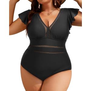 imageYonique Plus Size One Piece Swimsuit for Women Tummy Control Bathing Suit Ruffle Retro SwimwearBlack01