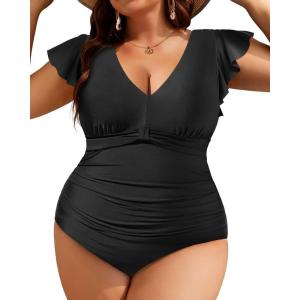 imageYonique Plus Size One Piece Swimsuit for Women Tummy Control Bathing Suit Ruffle Retro SwimwearSolid Black