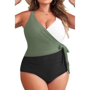 imageYonique Plus Size One Piece Swimsuits for Women Tummy Control Bathing Suits Full Coverage SwimwearGreen White Black