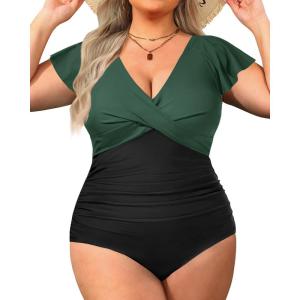imageYonique Plus Size One Piece Swimsuits for Women Tummy Control Bathing Suits Full Coverage SwimwearGreen and Black01