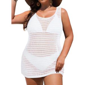 imageYonique Plus Size Swimsuit Cover Up  Crochet Bathing Suit Coverup Beach Dress Sleeveless 2025 SwimwearWhite