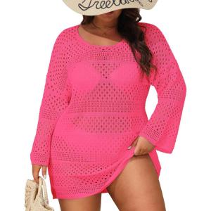 imageYonique Plus Size Swimsuit Cover Up  Crochet Swim Cover Up 2025 Bathing Suit Short Sleeve Beach DressLong Sleeves Hot Pink