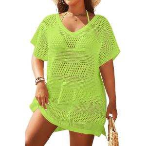 imageYonique Plus Size Swimsuit Cover Up  Crochet Swim Cover Up 2025 Bathing Suit Short Sleeve Beach DressNeon Green