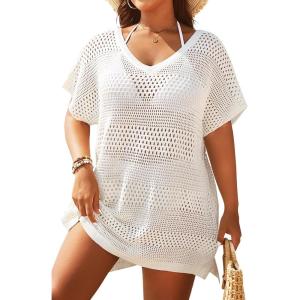 imageYonique Plus Size Swimsuit Cover Up  Crochet Swim Cover Up 2025 Bathing Suit Short Sleeve Beach DressWhite