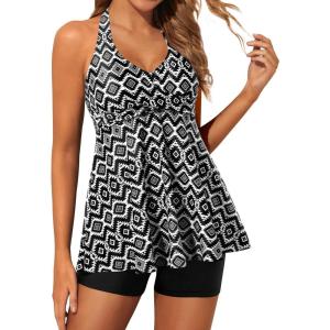 imageYonique Two Piece Tankini Swimsuits for Women with Shorts Halter V Neck Bathing Suits Flowy Twist Front SwimwearBlack Geometry