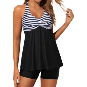 imageYonique Two Piece Tankini Swimsuits for Women with Shorts Halter V Neck Bathing Suits Flowy Twist Front SwimwearBlack Stripe