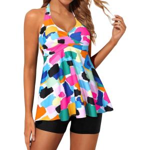 imageYonique Two Piece Tankini Swimsuits for Women with Shorts Halter V Neck Bathing Suits Flowy Twist Front SwimwearColor Block