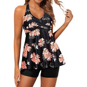 imageYonique Two Piece Tankini Swimsuits for Women with Shorts Halter V Neck Bathing Suits Flowy Twist Front SwimwearPink
