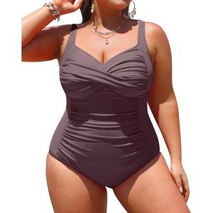 imageYonique Women Plus Size One Piece Swimsuits Tummy Control Bathing Suits Twist Front Ruched SwimwearCoffee Brown