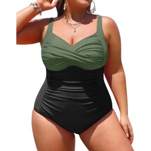 imageYonique Women Plus Size One Piece Swimsuits Tummy Control Bathing Suits Twist Front Ruched SwimwearOlive Green