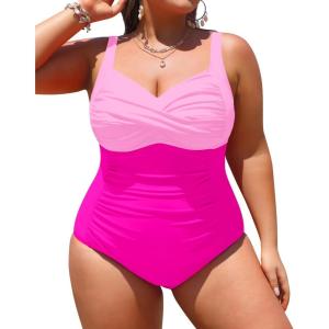 imageYonique Women Plus Size One Piece Swimsuits Tummy Control Bathing Suits Twist Front Ruched SwimwearPink01