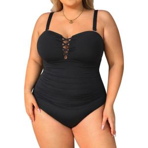 imageYonique Women Plus Size One Piece Swimsuits Tummy Control Bathing Suits Vintage SwimwearBlack01