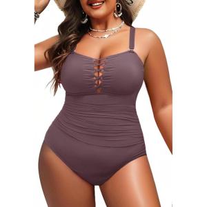 imageYonique Women Plus Size One Piece Swimsuits Tummy Control Bathing Suits Vintage SwimwearCoffee Brown