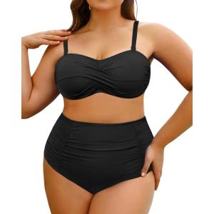 imageYonique Women Plus Size Two Piece Swimsuits High Waisted Bathing Suits Bandeau Bikini Tummy Control SwimwearAntislip Strip  Black