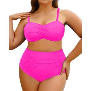 imageYonique Women Plus Size Two Piece Swimsuits High Waisted Bathing Suits Bandeau Bikini Tummy Control SwimwearAntislip Strip  Hot Pink