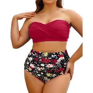 imageYonique Women Plus Size Two Piece Swimsuits High Waisted Bathing Suits Bandeau Bikini Tummy Control SwimwearRed and Floral