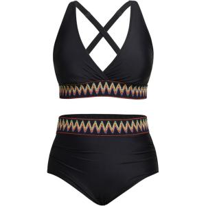 imageYonique Women Plus Size Two Piece Swimsuits High Waisted Bikini Set Tummy Control Bathing Suits Ruffle SwimwearColorblock Black