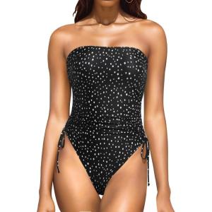imageYonique Women Strapless One Piece Swimsuit Tummy Control Bandeau Bathing Suit Cheeky SwimwearBlack Dot