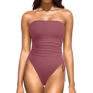 imageYonique Women Strapless One Piece Swimsuit Tummy Control Bandeau Bathing Suit Cheeky SwimwearBlush Red