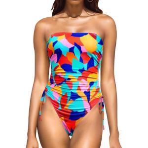 imageYonique Women Strapless One Piece Swimsuit Tummy Control Bandeau Bathing Suit Cheeky SwimwearColor Block