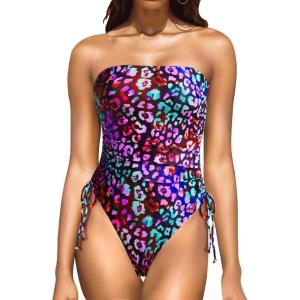 imageYonique Women Strapless One Piece Swimsuit Tummy Control Bandeau Bathing Suit Cheeky SwimwearColor Leopard