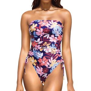 imageYonique Women Strapless One Piece Swimsuit Tummy Control Bandeau Bathing Suit Cheeky SwimwearColorful Leaves