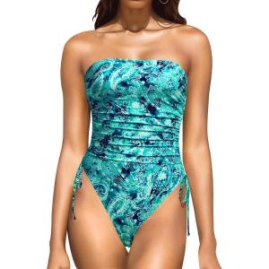 imageYonique Women Strapless One Piece Swimsuit Tummy Control Bandeau Bathing Suit Cheeky SwimwearGreen Paisley