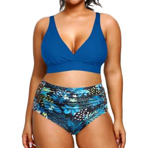 imageYonique Womens Plus Size Bikini High Waisted Swimsuits Two Piece Bathing Suits Tummy Control SwimwearBlue Floral