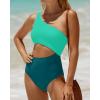 imageWomens One Piece Swimsuit One Shoulder Bathing Suit Cutout Tummy Control SwimwearColor Block Green