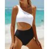 imageWomens One Piece Swimsuit One Shoulder Bathing Suit Cutout Tummy Control SwimwearWhite and Black