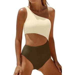 imageWomens One Piece Swimsuit One Shoulder Bathing Suit Cutout Tummy Control SwimwearBeige Brown