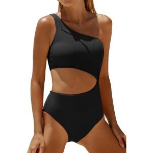 imageWomens One Piece Swimsuit One Shoulder Bathing Suit Cutout Tummy Control SwimwearBlack