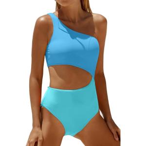 imageWomens One Piece Swimsuit One Shoulder Bathing Suit Cutout Tummy Control SwimwearBlue