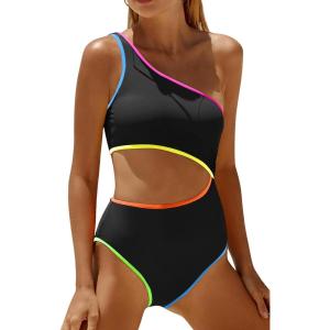 imageWomens One Piece Swimsuit One Shoulder Bathing Suit Cutout Tummy Control SwimwearColorblock Black