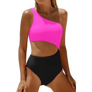 imageWomens One Piece Swimsuit One Shoulder Bathing Suit Cutout Tummy Control SwimwearHot Pink