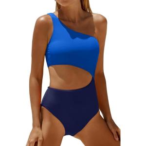 imageWomens One Piece Swimsuit One Shoulder Bathing Suit Cutout Tummy Control SwimwearNavy Bule