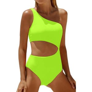 imageWomens One Piece Swimsuit One Shoulder Bathing Suit Cutout Tummy Control SwimwearNeon Green