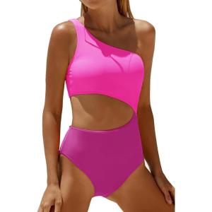 imageWomens One Piece Swimsuit One Shoulder Bathing Suit Cutout Tummy Control SwimwearPink