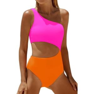 imageWomens One Piece Swimsuit One Shoulder Bathing Suit Cutout Tummy Control SwimwearPink Orange